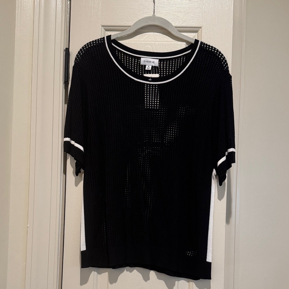 Evereve Black Mesh Short Sleeve Top with White Trim NWT